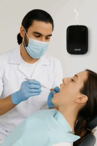 dentista fazendo procedimento em paciente e ao fundo um equipamento de aromatização